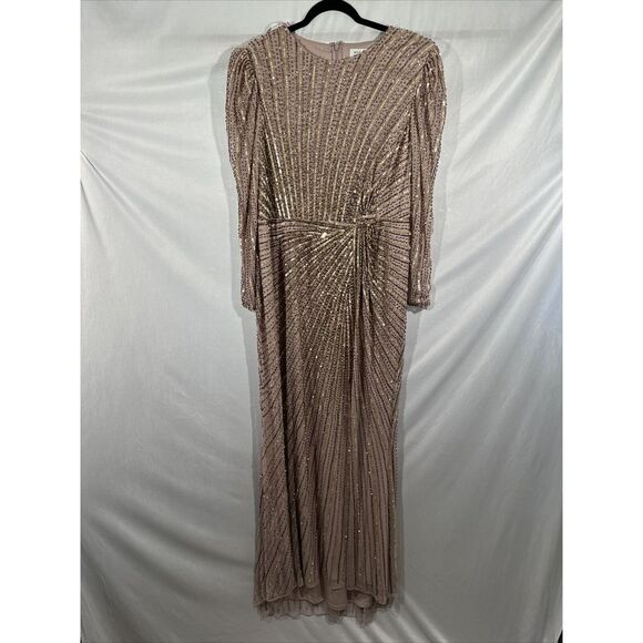 NEW $598‎ Mac Duggal [ 14 ] Embellished Puff Sleeve Side Knot Gown 5217 in Mocha - Picture 10 of 16